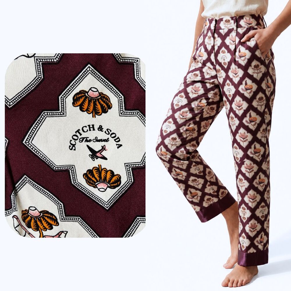 Scotch & Soda Sun Ray Satin Trousers Womens S Burgundy Floral Pants Loungewear